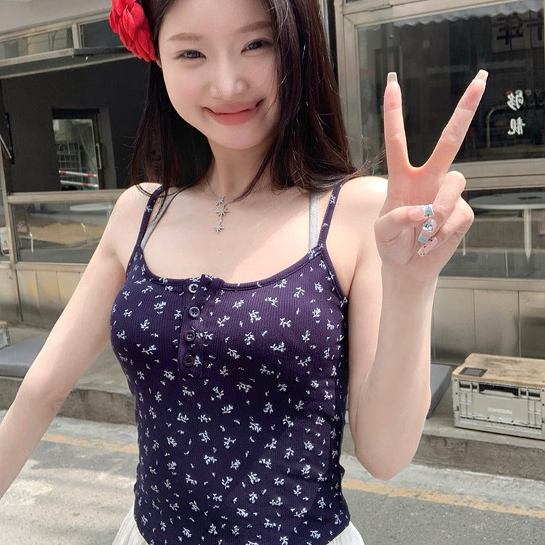 Floral Strap Vest Outer Wear Summer Hot With Bras