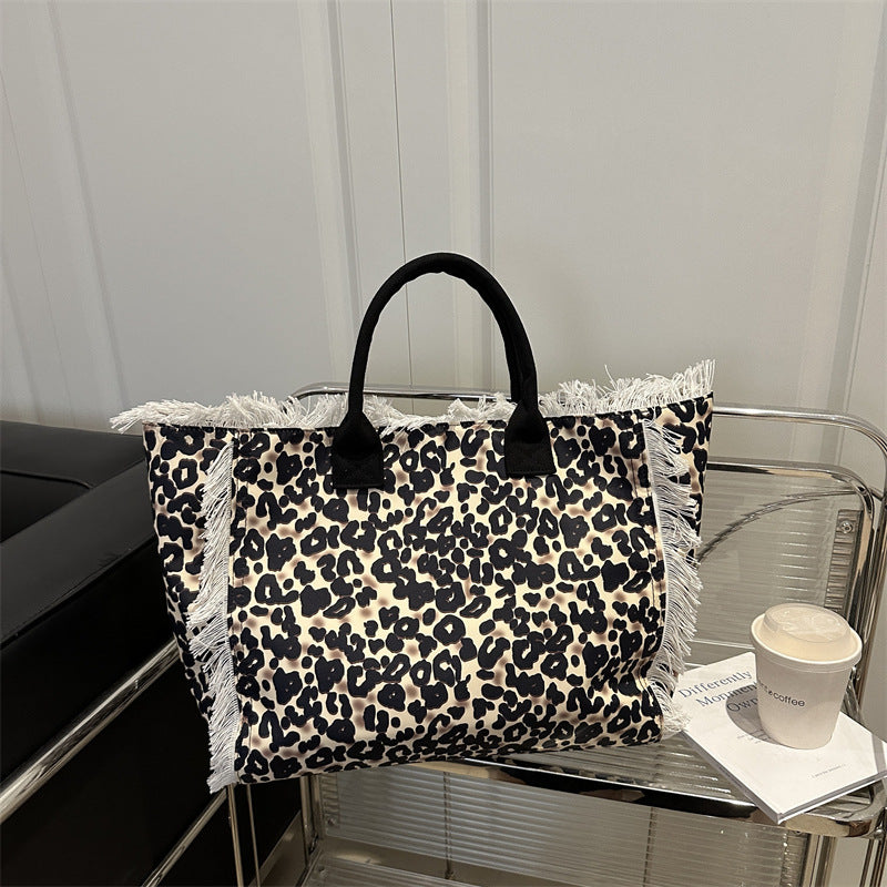 Capacity Leisure Leopard Print Canvas Printed Letter Commuter Portable Women's Shoulder Bag