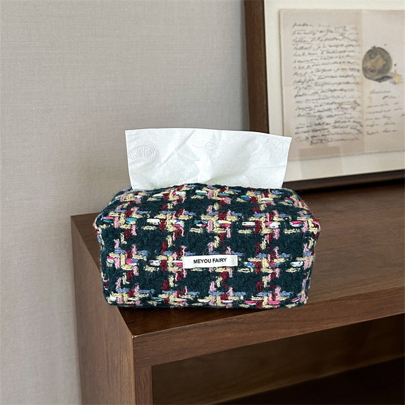 Style Pink Checked Cloth Knitted Tissue Box Home Bedroom Living Makeup Bag