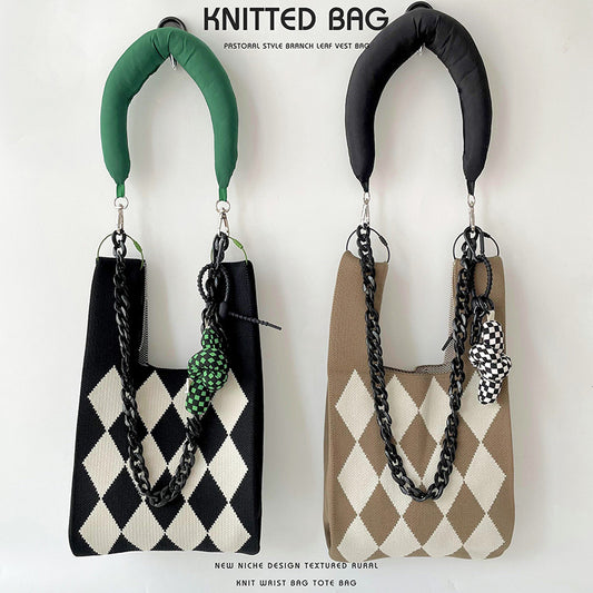 Vest Knitted Black White Rhombus Single Shoulder Bags