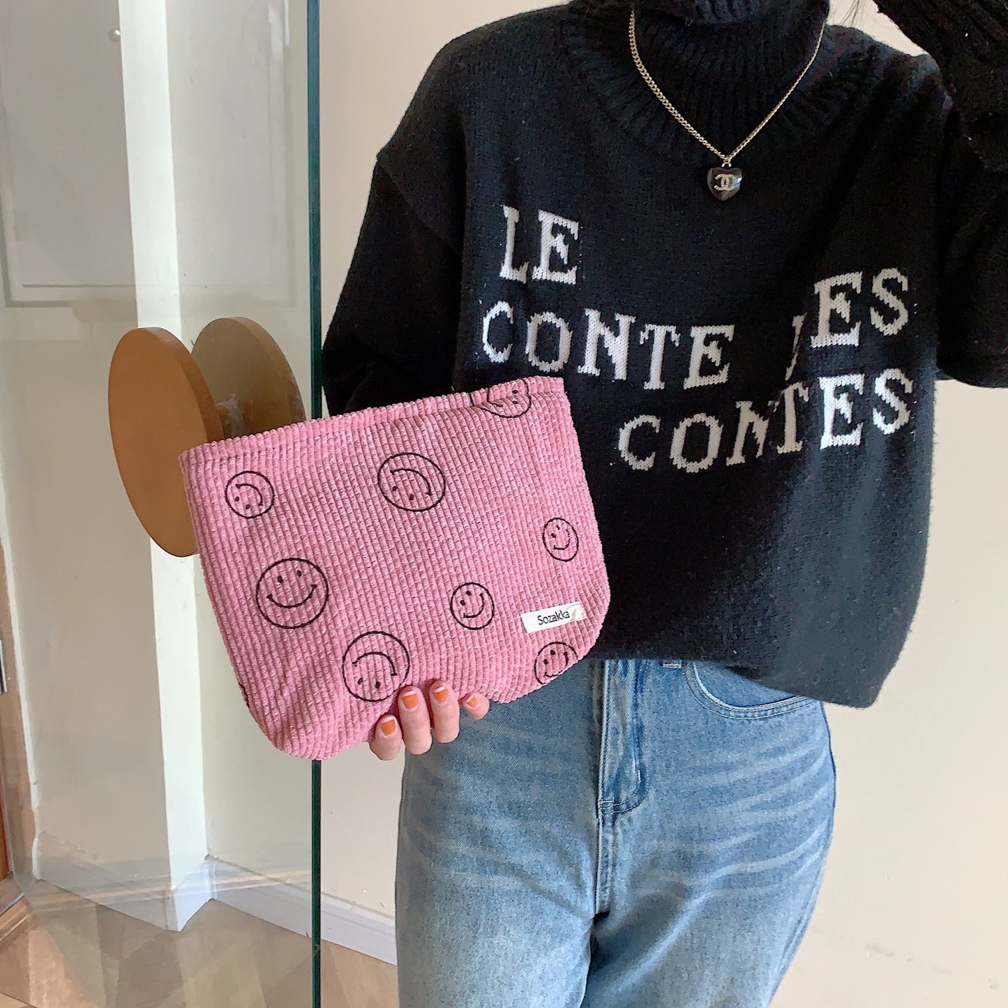 Corduroy Polka Dot Retro Smiley Face Storage Handbags