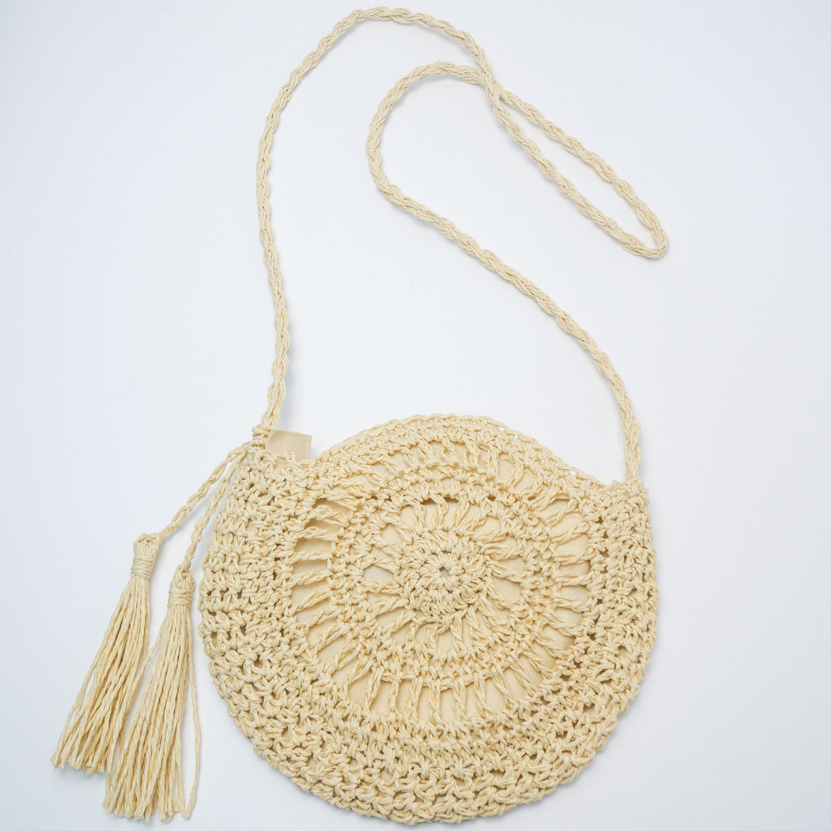 Women's Crochet Woven Hollow Straw Round Tassel Bags