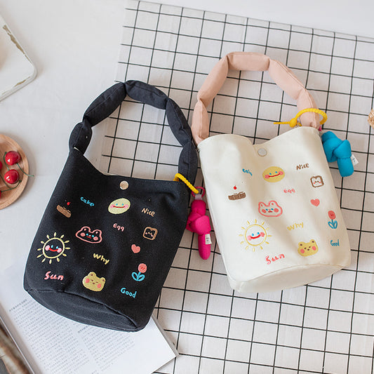 Embroidered Canvas Female Lunch Box Hand Handbags