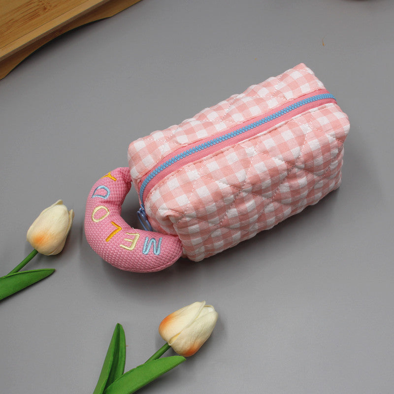 Women's Large Capacity Checked Cloth Pencil Embroidery Cotton Cosmetics Storage Makeup Bag