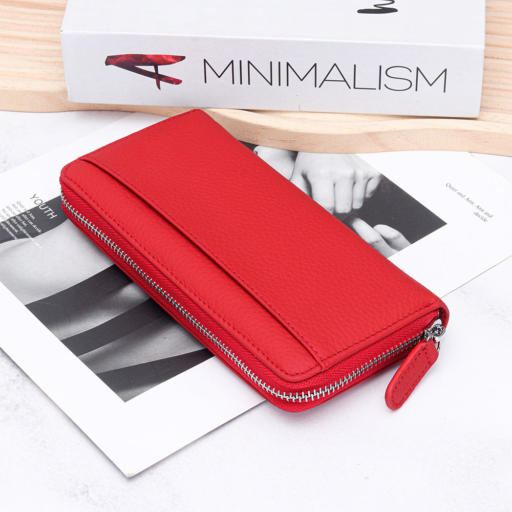 Women's Swiping Long Large Capacity Zipper Cowhide Ladies Wallet