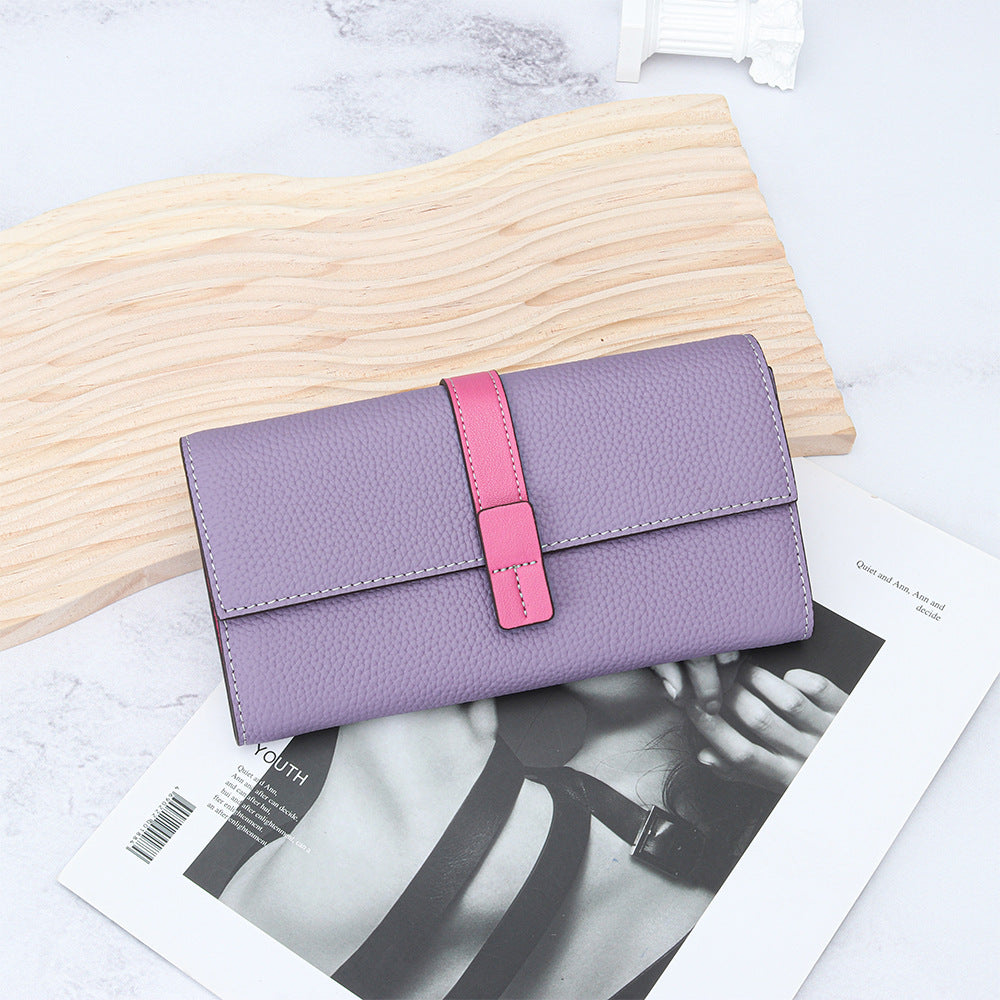 First Layer Cowhide Long Fashion Color Contrast Clutch Large Capacity Phone Bags