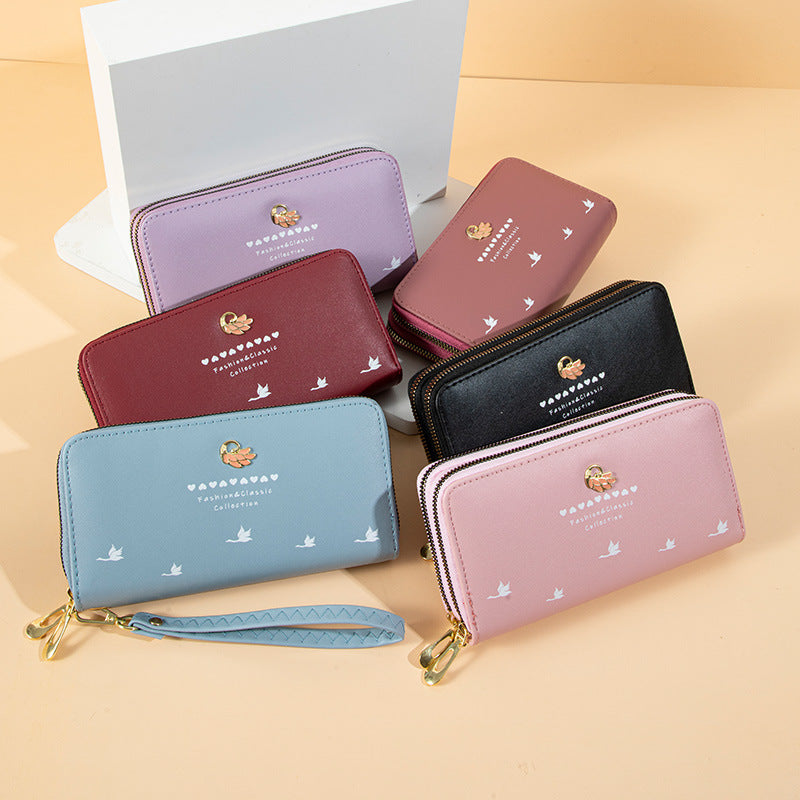 Women's Trendy Swan Double Zipper Large Capacity Wrist Ladies Wallet
