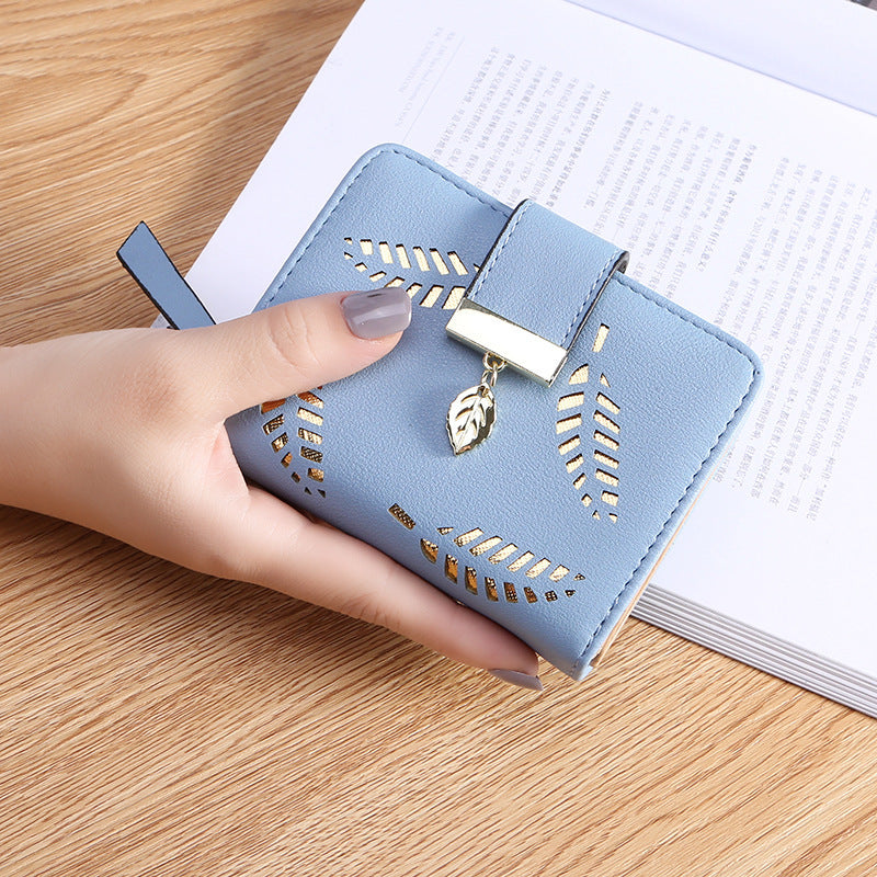 Women's Korean Style Short Zipper Hasp Hollow Leaves Ladies Wallet