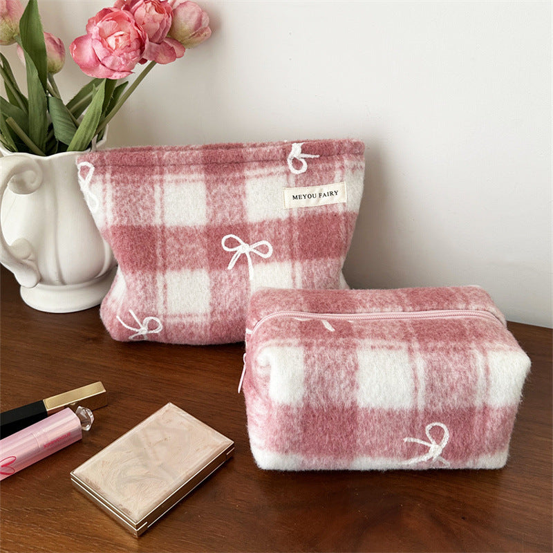 Plaid Woolen Bow Storage Large Capacity Wash Makeup Bag