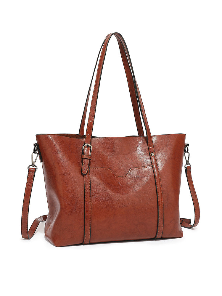 Women's Fashion Trendy Oil Leather Portable Big Women's Shoulder Bag