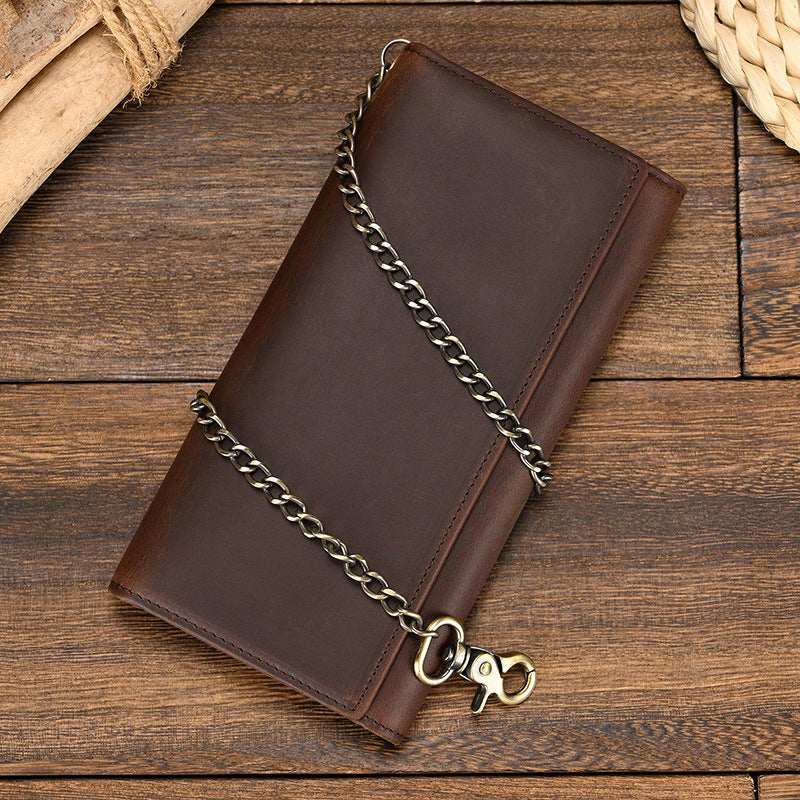 Men's Crazy Horse Leather Long Iron Chain Clutch Multi Men's Wallet