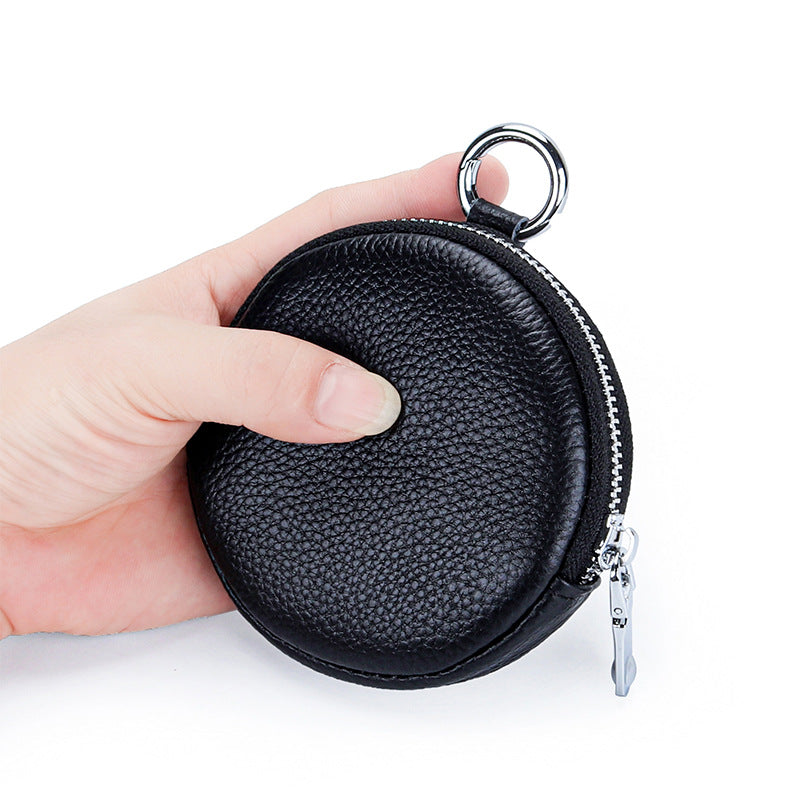 First Layer Cowhide Female Round Simple Earphone Coin Purses