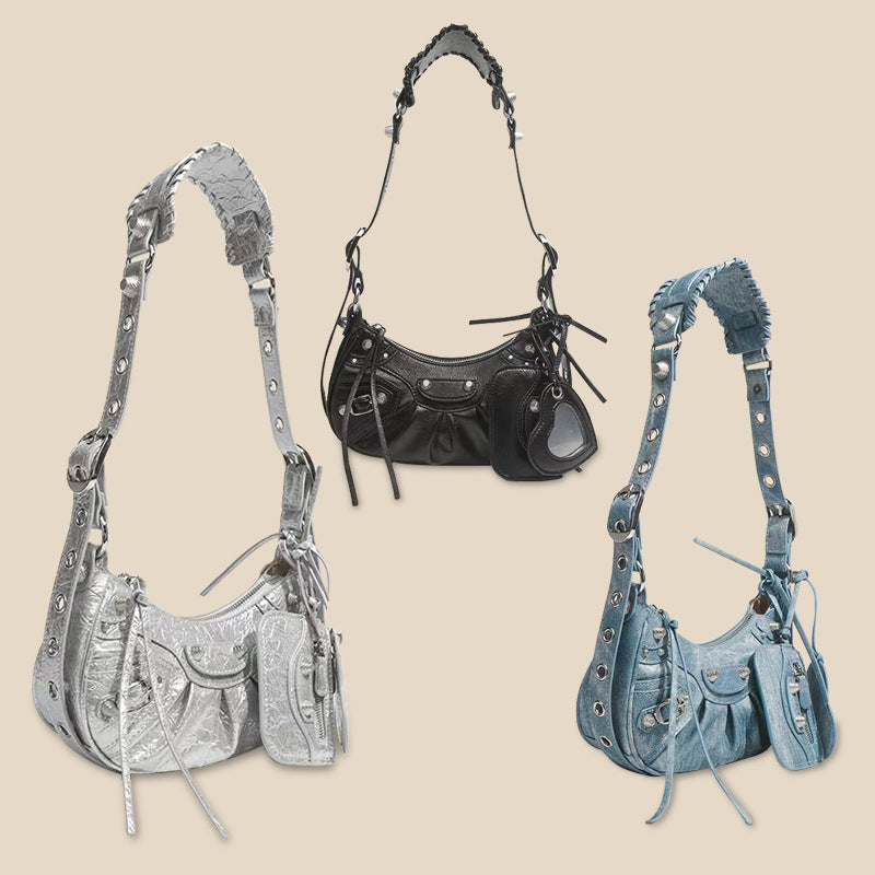 Women's Trendy Retro Underarm Pleated Rivet Tassel Half Bags