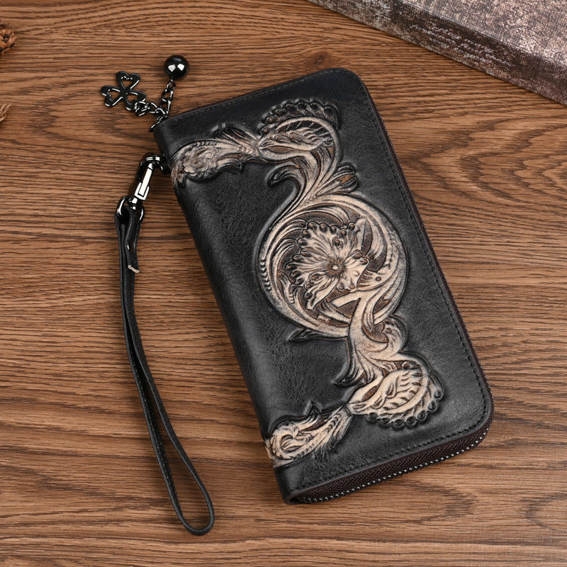 Women's Layer Cowhide Multifunctional Zipper Clutch Vintage Ladies Wallet