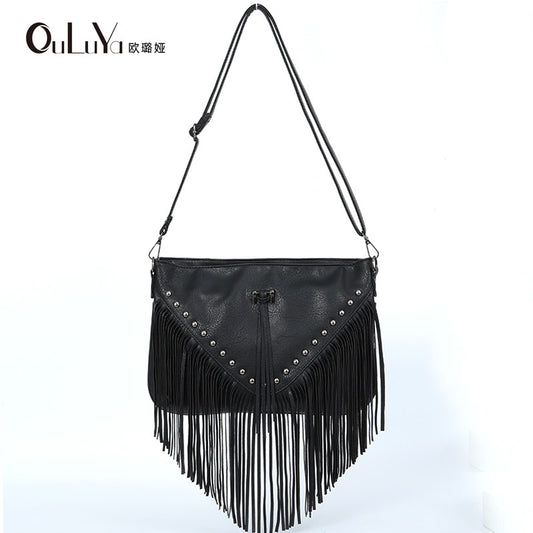 Women's Rivet Soft Leather Fashionable Tassel Big Crossbody Bags