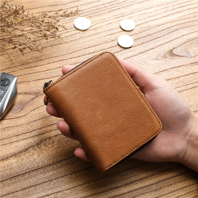 Men's Tanned Leather Cowhide Short Genuine Green Vertical Coin Purses