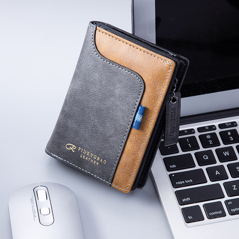 Men's Large Capacity Vertical Leather Stitching Zipper Cash Bags