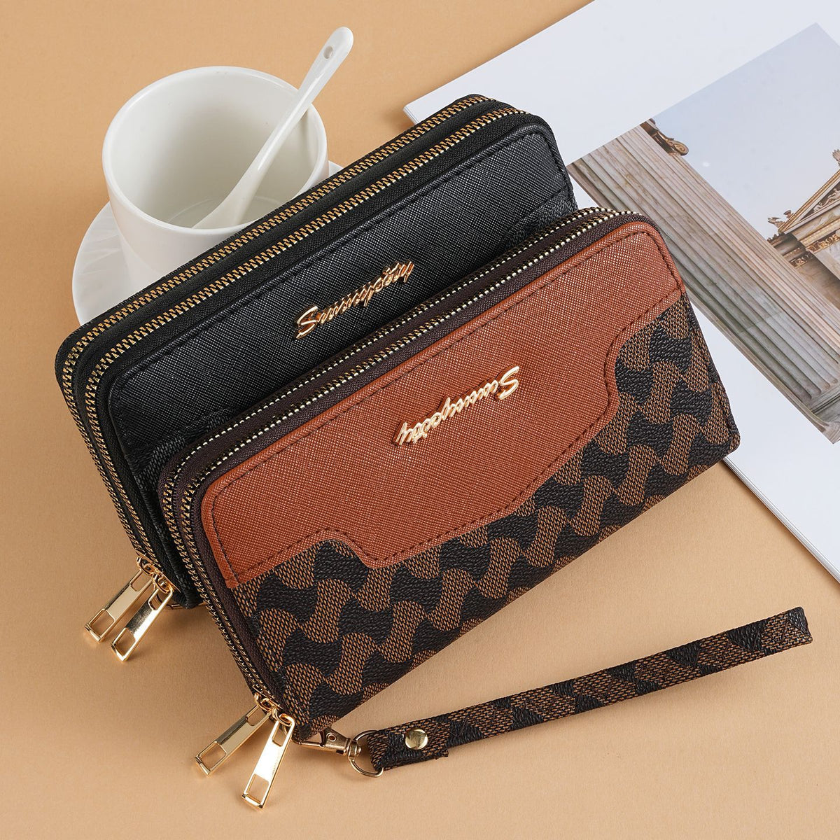 Women's Print Stitching Long Large Capacity Clutch High-grade Double Bags