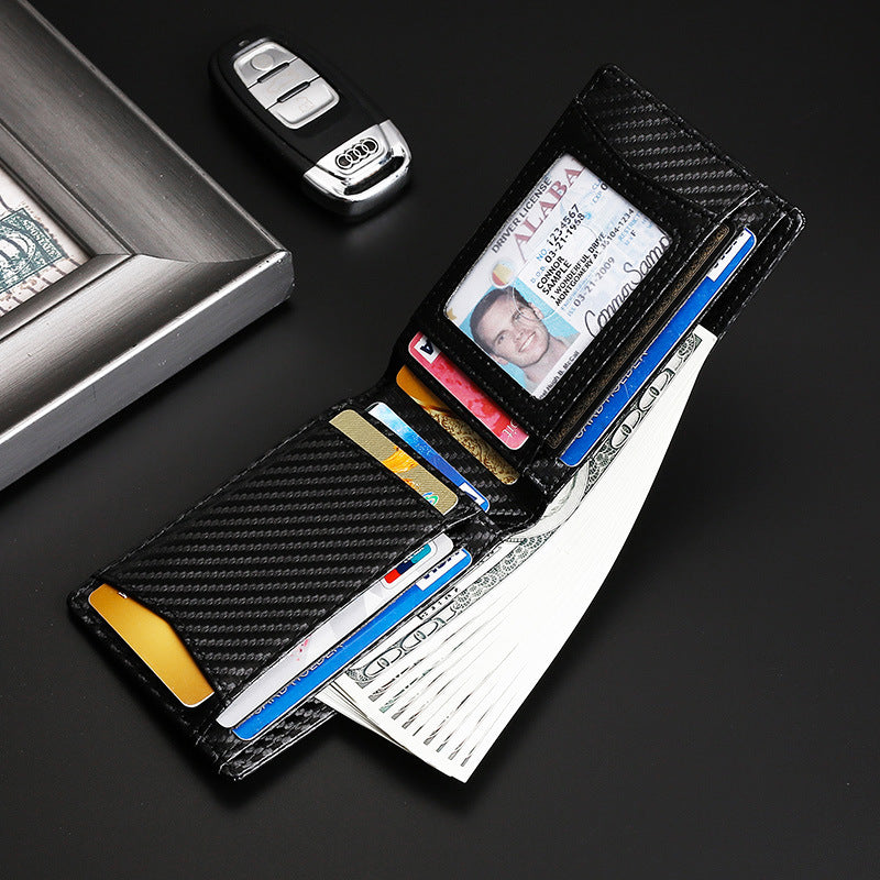 Men's Carbon Fiber Pattern First Layer Cowhide Leather Purses