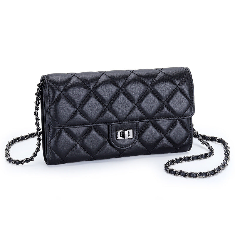 Women's Long Sheepskin Embroidered Classic Style Diamond Plaid Stylish Versatile Handbags