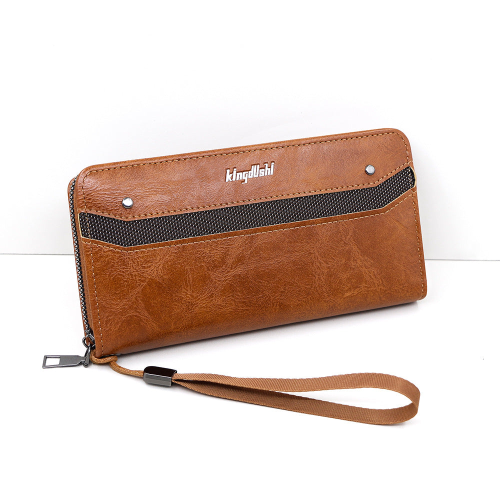 Men's Direct Wholesale Long Leather Patchwork Vintage Zipper Phone Bags