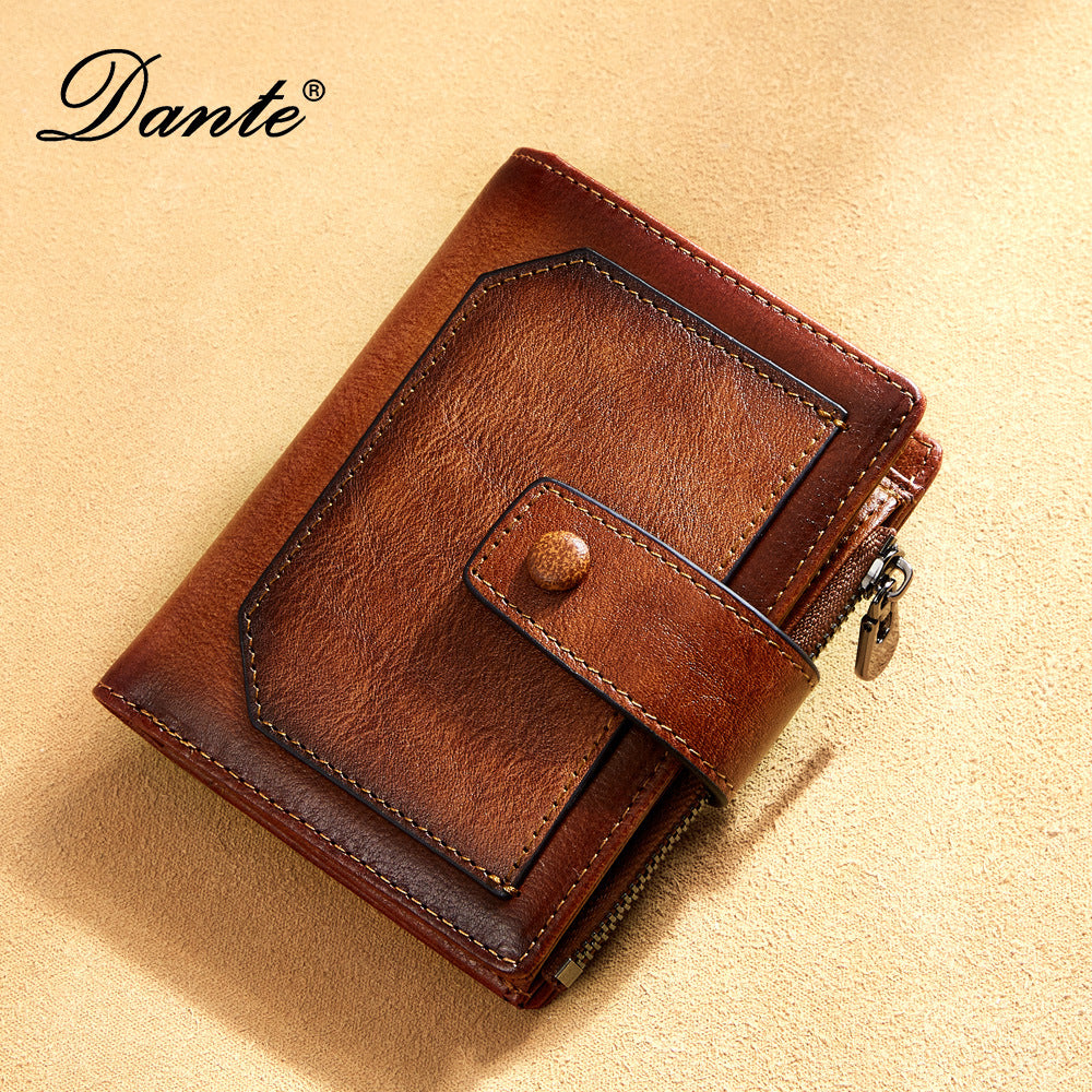 Men's Leather Zipper Short Retro Cowhide Processing Men's Wallets