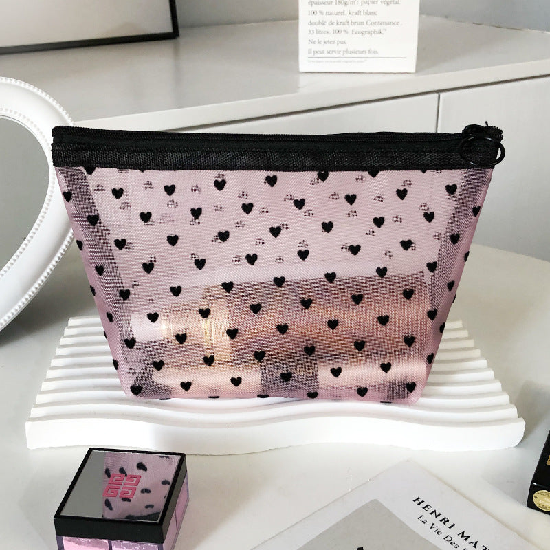 Flocking Pink Mesh Heart Portable Wash Cosmetic Bags