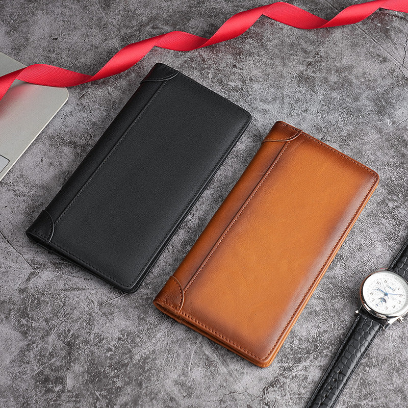 Men's Cowhide Vintage Oil Wax Genuine Leather Long Men's Wallet