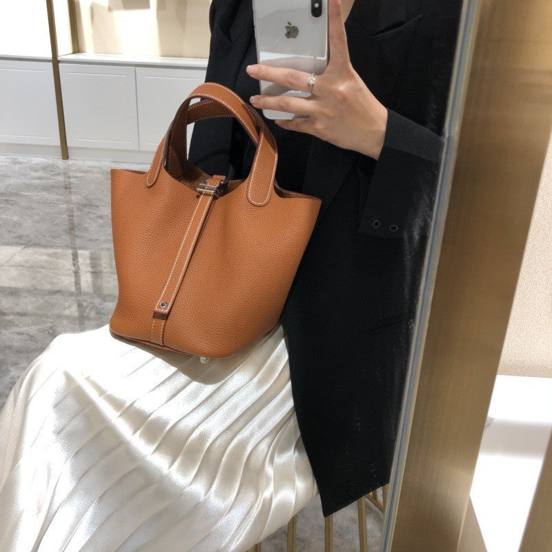 Women's Color Matching Vegetable Basket Cowhide Litchi Grain First Handbags