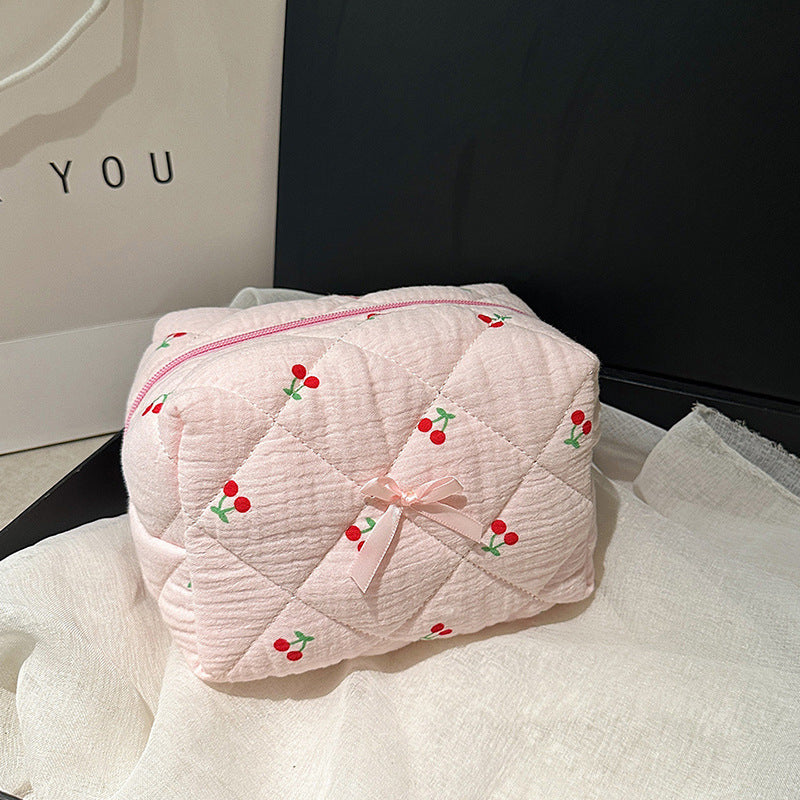 Striped Floral Cotton Embroidery Thread Plaid Makeup Bag