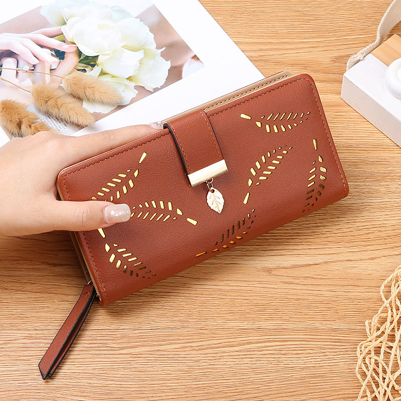 Women's Hollow Leaf Billfold Leather Korean Style Two Fold Long Ladies Wallets