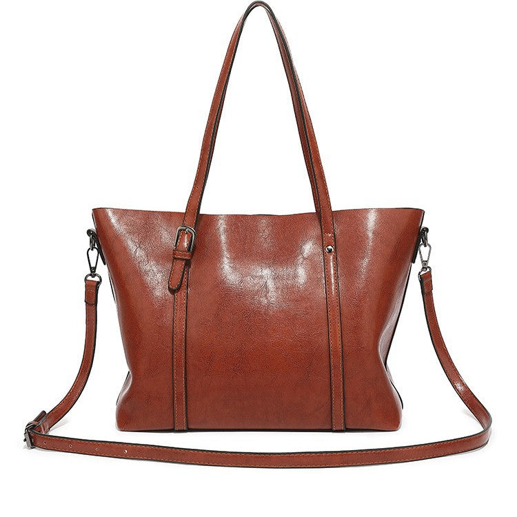Women's Fashion Trendy Oil Leather Portable Big Women's Shoulder Bag
