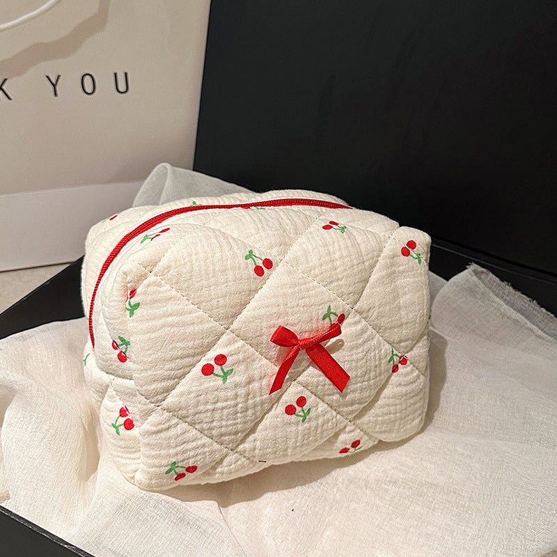 Striped Floral Cotton Embroidery Thread Plaid Makeup Bag