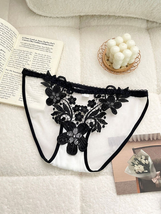 Women's Flowers Lace Embroidery Mesh Briefs Slightly Panties