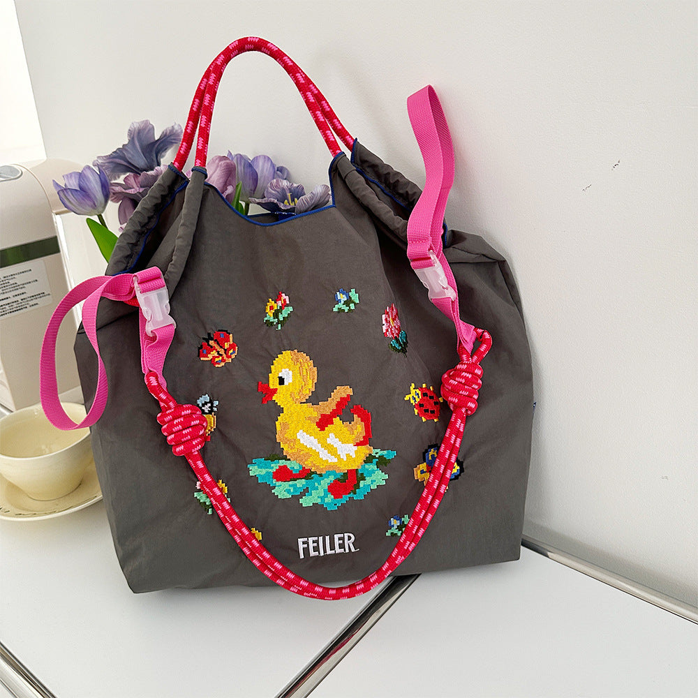Embroidered Shopping With Flowers Plants On The Upper Body Niche Women's Shoulder Bag