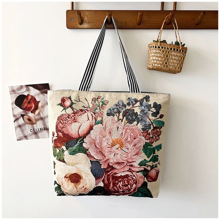 Women's Large Capacity Totes Gold Silk Embroidered Canvas Creative Women's Shoulder Bag