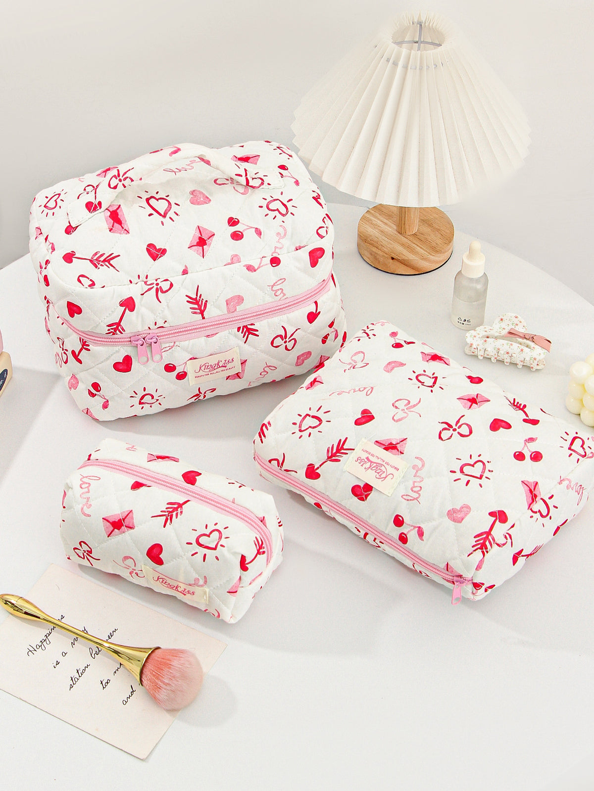 Love Heart Bow Portable Large Capacity Makeup Bag