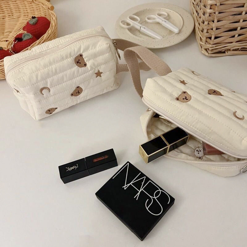 Embroidered Bear Portable Stationery Quilted Cotton Wrist Cream Style Cosmetic Bags