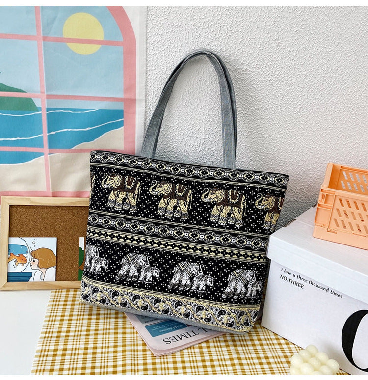 Women's Canvas Vintage Printed Big Artistic Shopping Handbags