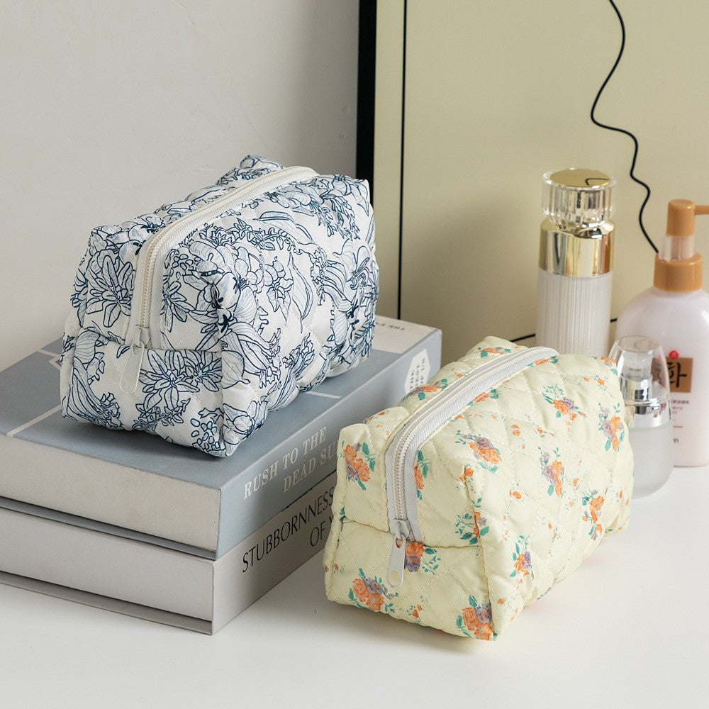 Floral Quilted Toiletries Portable Cosmetics Storage Makeup Bag
