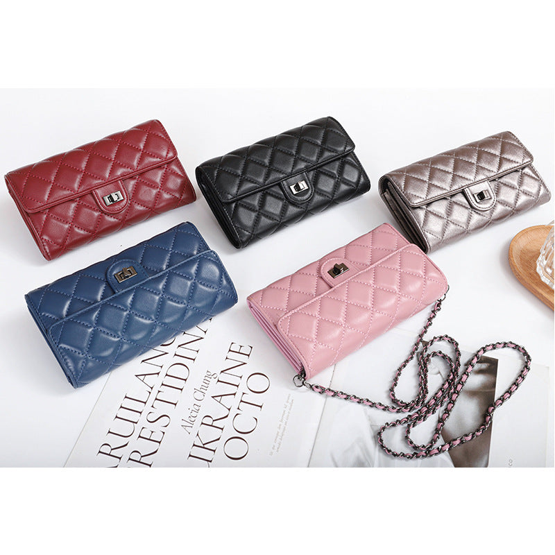 Women's Long Sheepskin Embroidered Classic Style Diamond Plaid Stylish Versatile Handbags