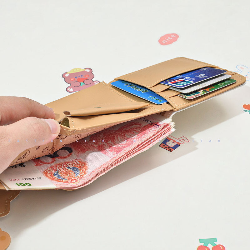 Women's Bear Cartoon Short Button Tri Fold Purses