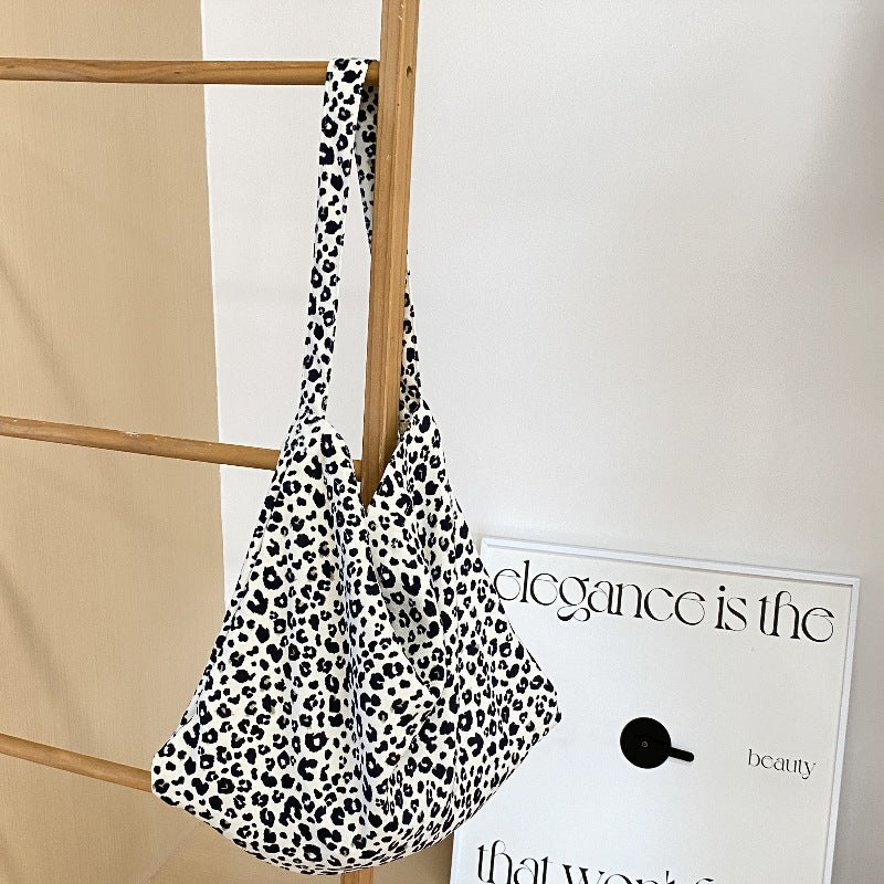 Leopard Print Corduroy Canvas Large Capacity Style Women's Shoulder Bag