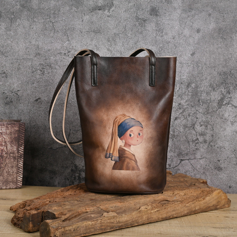 Layer Cowhide Idle Style Artistic Retro Printing Women's Messenger Bag