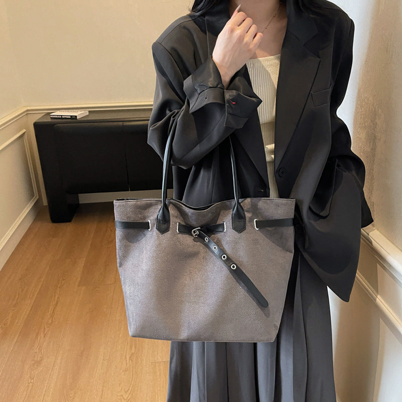 Large Suede Simple Solid Color Design Commuter Tote Bags