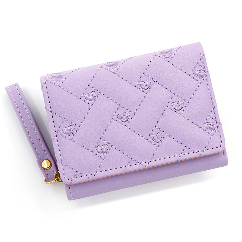 Women's Korean Style Sweet Heart-shaped Embroidered Short Zipper Clutch Solid Color Ladies Wallet