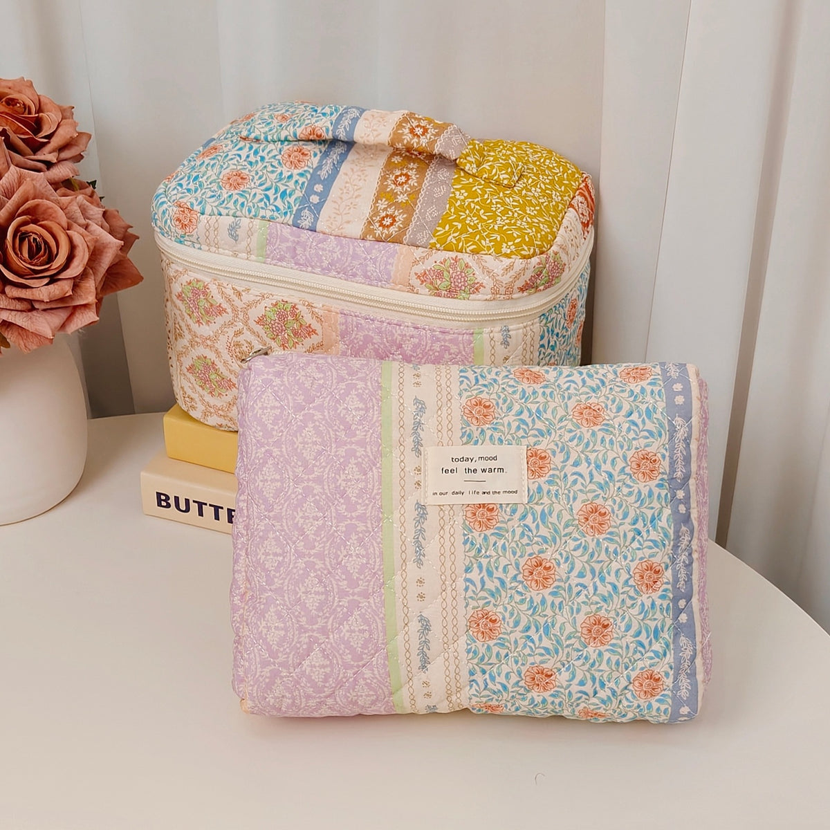 Floral Polyester Cotton Vertical Large Capacity Partition Makeup Bag