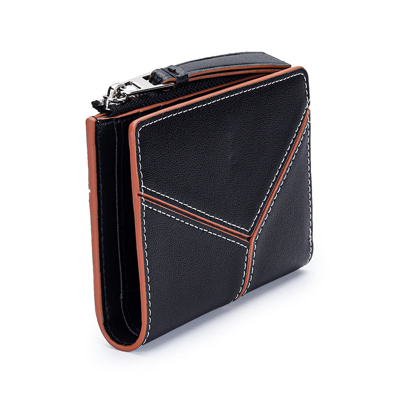 Women's Cowhide Short Stitching Fold Genuine Leather Ladies Wallet