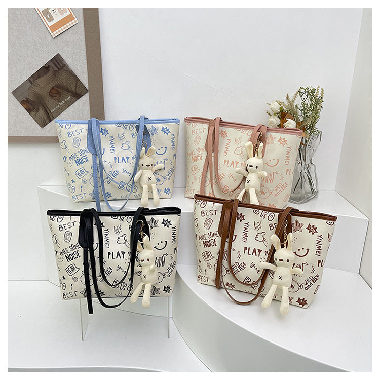 Contrast Color Big Female Cute Cartoon Printed Easy Matching Large Bags