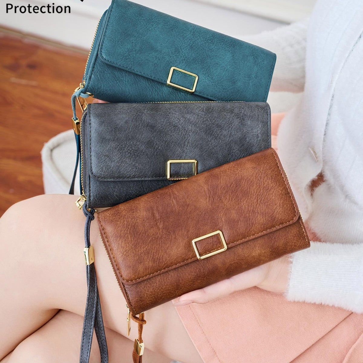 Women's Multifunctional Portable Three Fold Long Fashion Simple Solid Purses